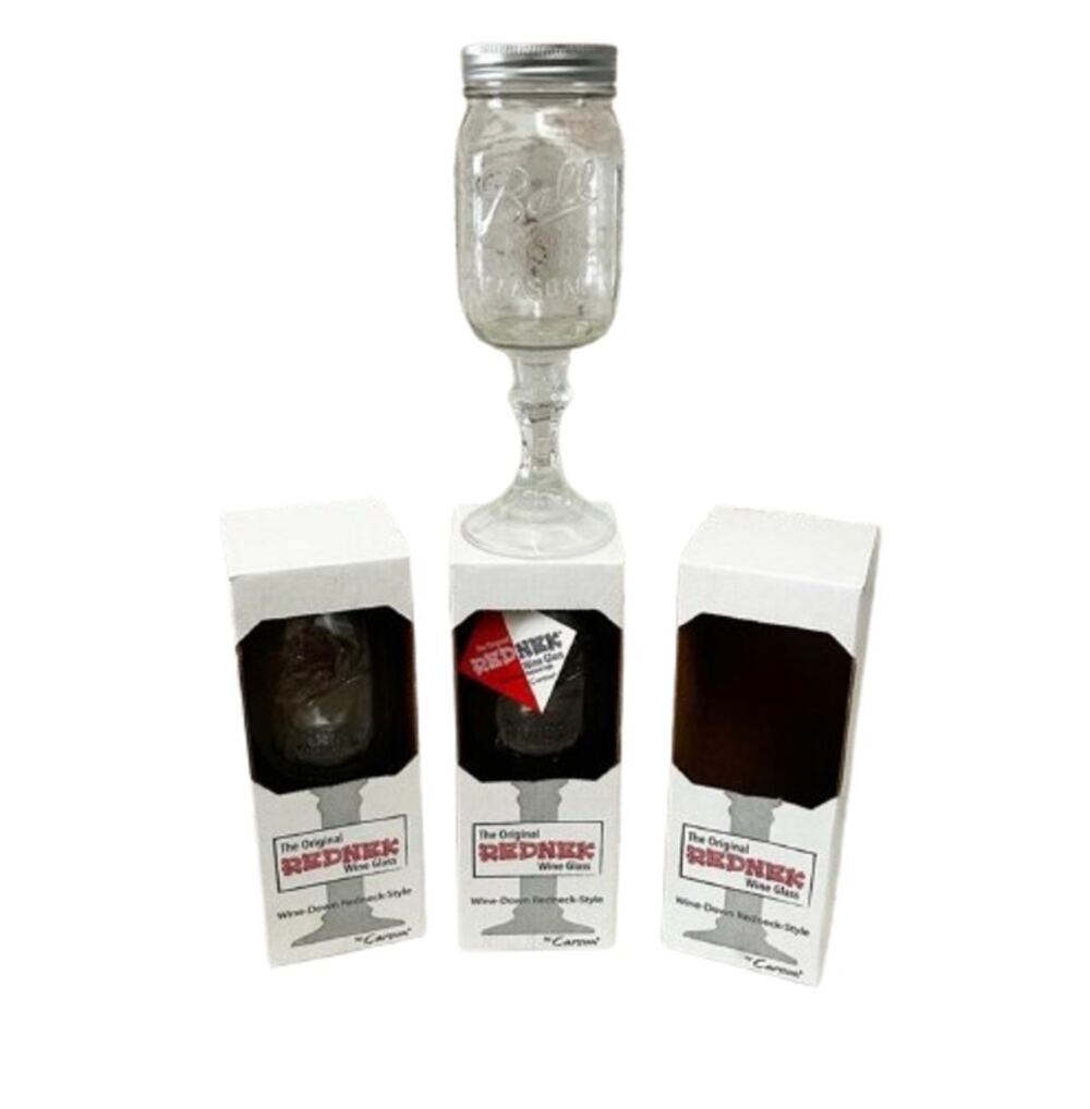 THE ORIGINAL REDNECK WINE GLASS Set of 3 Mason Jar Goblets With Boxes
